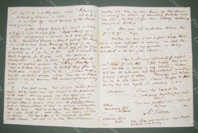 TURNER SHARON (1768-1847). Storico inglese. Lettera da Londra del 1835: 67 righe autografe e firma...