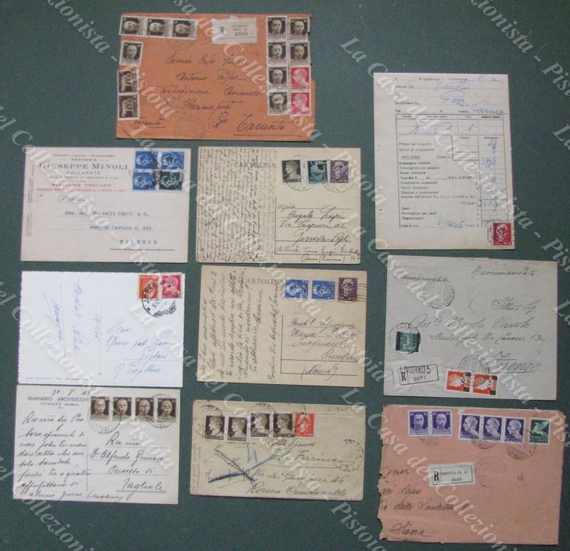 St.postale LUOGOTENENZA. 3 cartoline + 2 cart. postali+ 1 lettera + 3 raccomandate + 1 bolletta corriera. 1944-1945