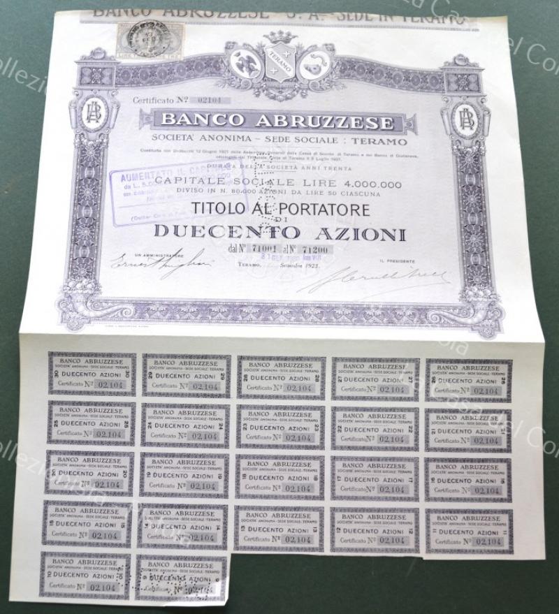 BANCO ABRUZZESE. Obbligazione da 200 azioni del 1928. Unite 22 cedole