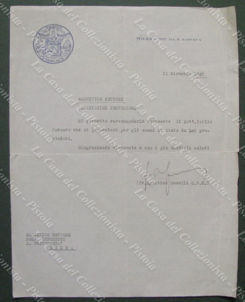 GEMELLI AGOSTINO. Medico, frate francescano. Lettera del 1929 dattiloscritta + firma autografa