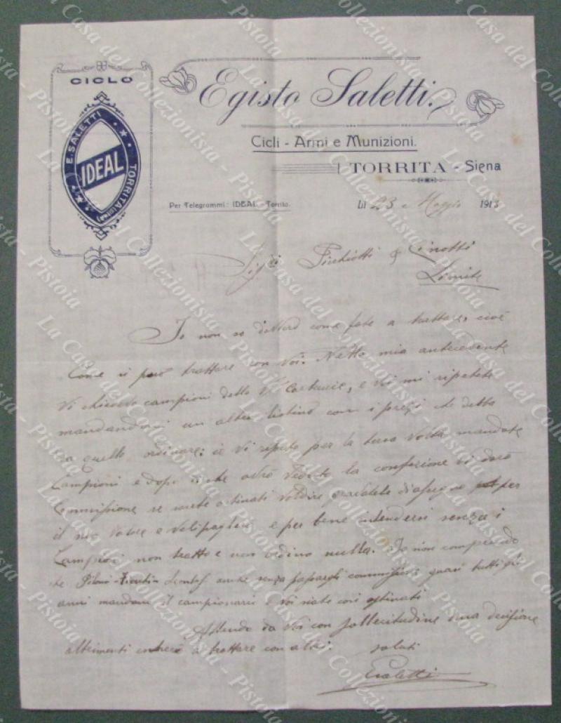 TORRITA, Siena. Cicli, Armi e Munizioni. Egisto Saletti. Vecchia fattura del 1913