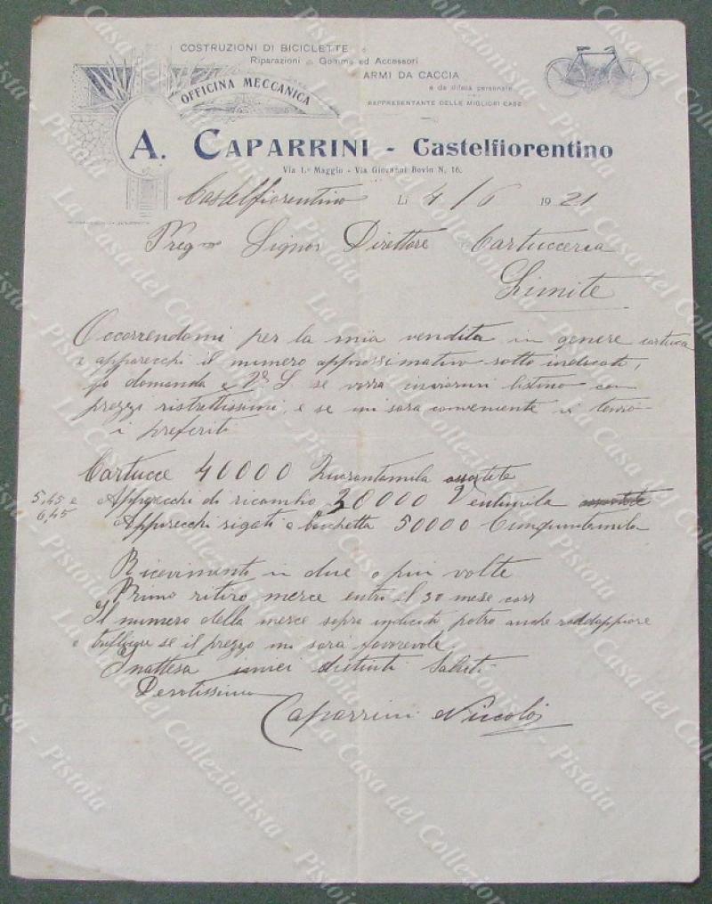 CASTELFIORENTINO. Biciclette e armi da caccia Capparini. Vecchia fattura del 1921