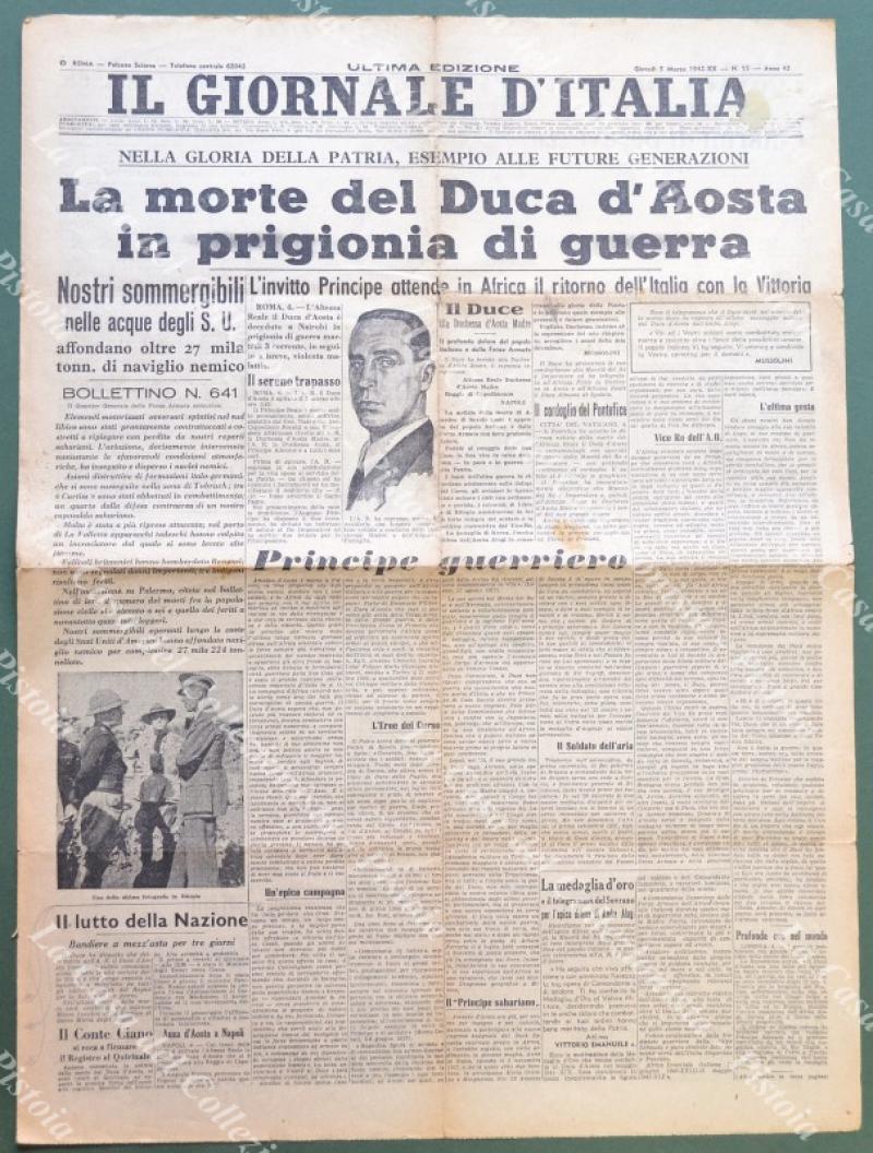 REPUBBLICA SOCIALE ITALIANA. LA MORTE DEL DUCA D’AOSTA IN PRIGIONIA DI GUERRA. Il Giornale d’Italia, 5 maggio 1942.
