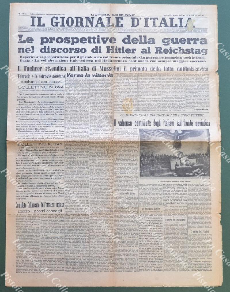 REPUBBLICA SOCIALE ITALIANA. LE PROSPETTIVE DELLA GUERRA NEL DISCORSO DI HITLER AL REICHSTAGG. Il Giornale d’Italia, 28 aprile 1942.