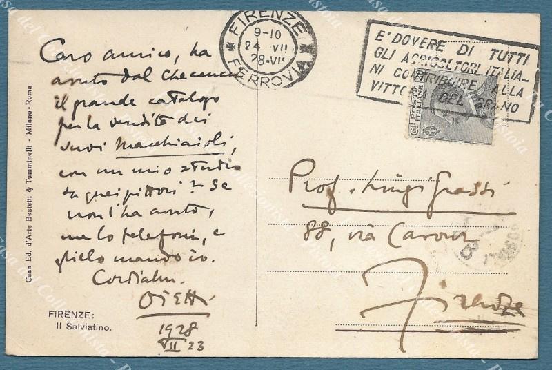 OJETTI UGO. Scrittore. Cartolina del 1928; alcune righe autografe e firma