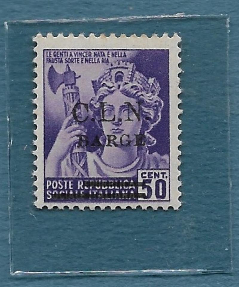 Luogotenenza. C.L.N. BARGE 1945. Valore cent. 50 violetto R.S.I. soprastampato.