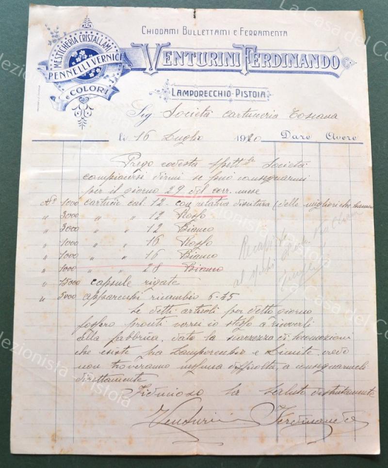 LAMPORECCHIO, Pistoia. Ferramenta Venturini. Vecchia fattura del 1910