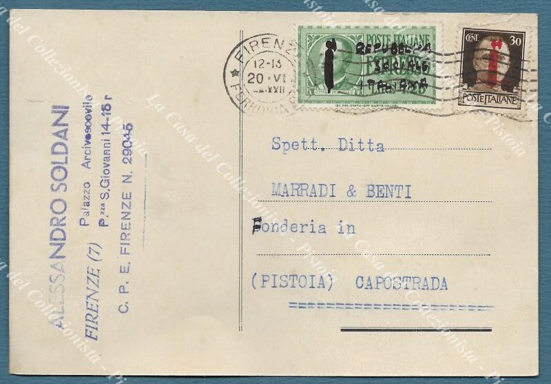 REP. SOCIALE ITALIANA.... Cartolina comm.le da Firenze per Pistoia, 1944
