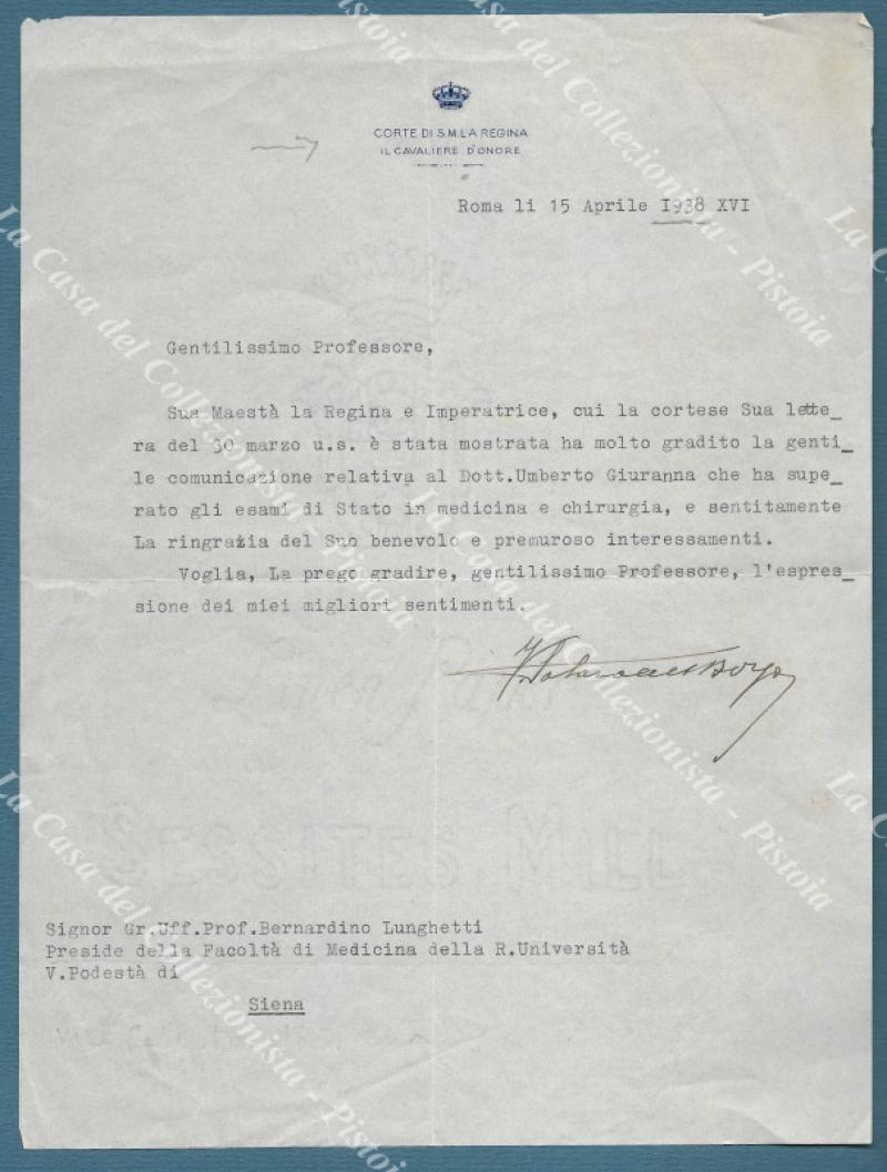 ALFREDO SOLARO DEL BORGO. Cavaliere d'onore... Firma autografa su dattiloscritto del 1938