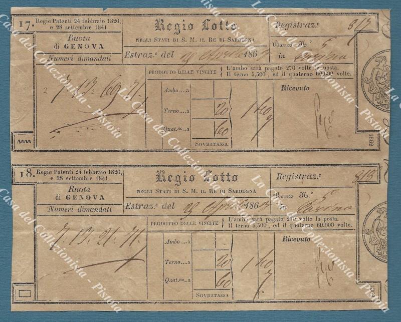 REGIO LOTTO Stati di S.M. il Re di Sardegna. 2 biglietti...1863