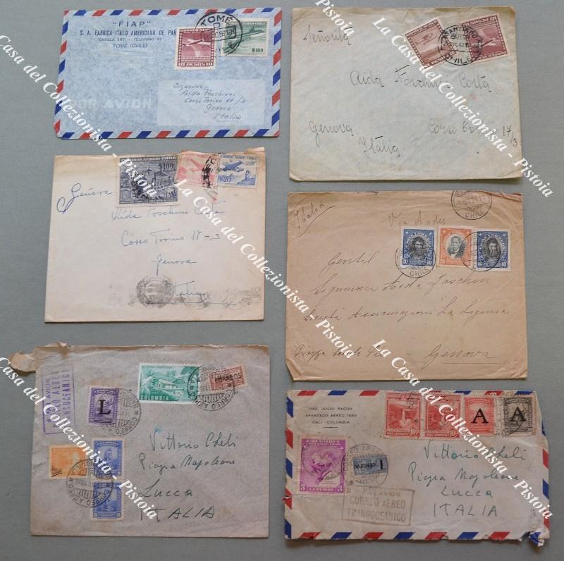 Storia postale estero. CILE - COLOMBIA. 6 aerogrammi per l'Italia. 1921 - 1956