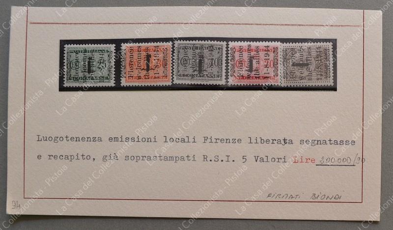 LUOGOTENENZA. EMISSIONI LOCALI FIRENZE LIBERATA 1944. Quattro segnatasse e un recapito R.S.I. sovrastampati.