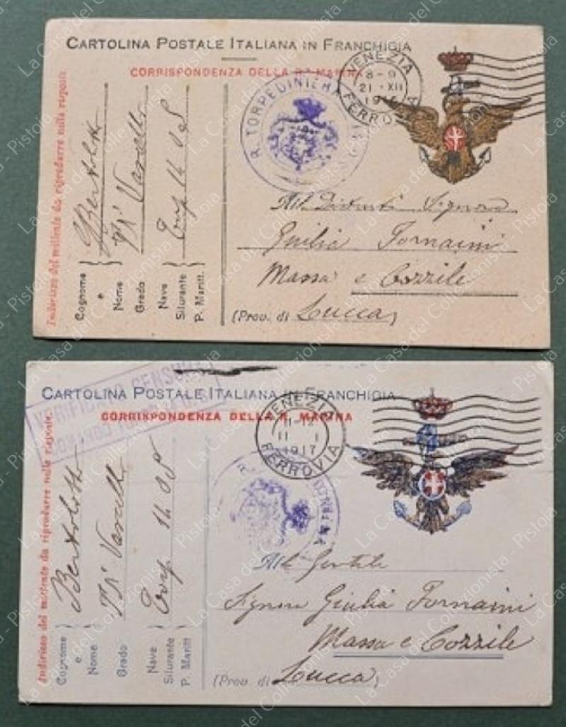REGIA TORPEDINIERA 14 O.S. Due cartoline d'epoca in franchigia da Venezia del 1916 e 1917