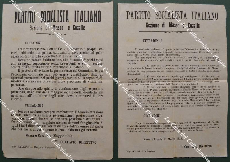 MASSA e COZZILE, Pistoia. Due volantini della sezione locale del Partito Socialista Italiano del 1919