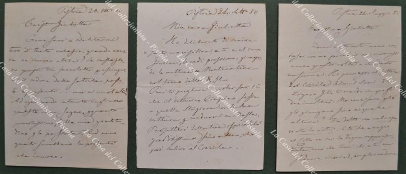 (Pistoia, autografo) TIGRI GIUSEPPE. (Pisgtoia 1806 - Pistoia 1882). Abate e scrittore; illustrò con le sue opere il territorio e la cultura pistoiese. Insieme di tre belle lettere.