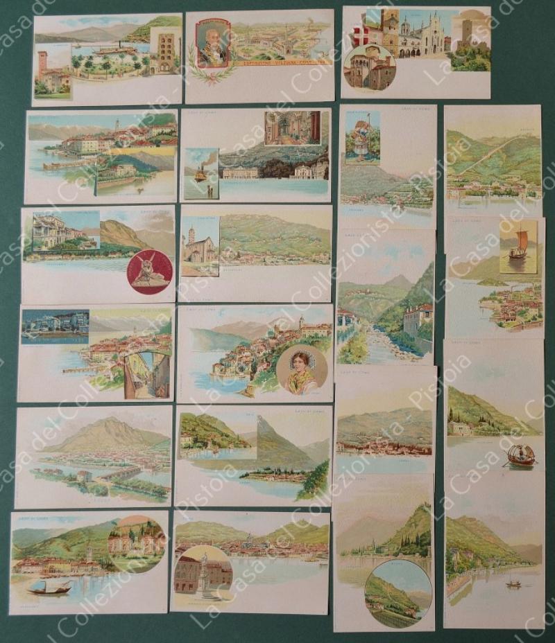 LAGO DI COMO. 21 cartoline d'epoca dis. a colori, inizio 1900