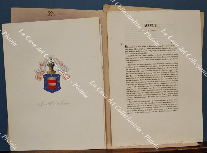(Araldica) Famiglia ACCOLTI d'AREZZO. Fascicolo completo (tavola + testo). Firenze, Ed. Ulisse Diligenti, 1862/1865.