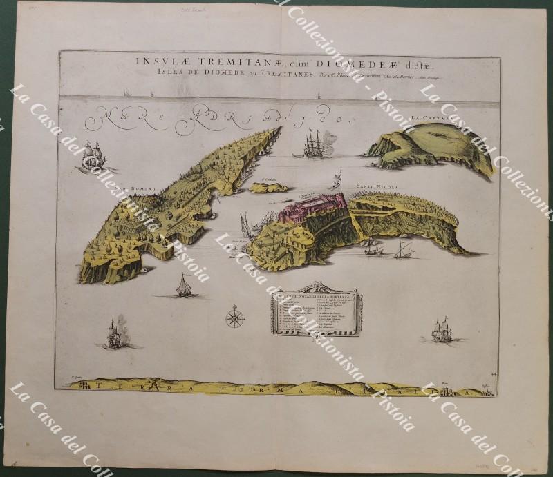 ISOLE TREMITI. "INSULAE TREMITANAE olim DIOMEDEAE dictas. ISLES DE DIOMEDE OU TREMITANES. Par Mr. Blaeu. A. Amsterdam Chez P. Mortier". Grande carta in coloritura coeva. Amsterdam, circa 1705. Ottima conservazione.