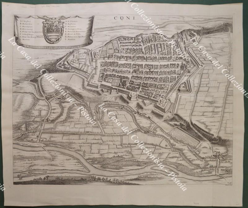 Piemonte, Cuneo. CONI. Grande veduta a volo d'uccello raffigturante la città e i luoghi vicini. Jan Van Huchtenburgh, Aia circa 1725.