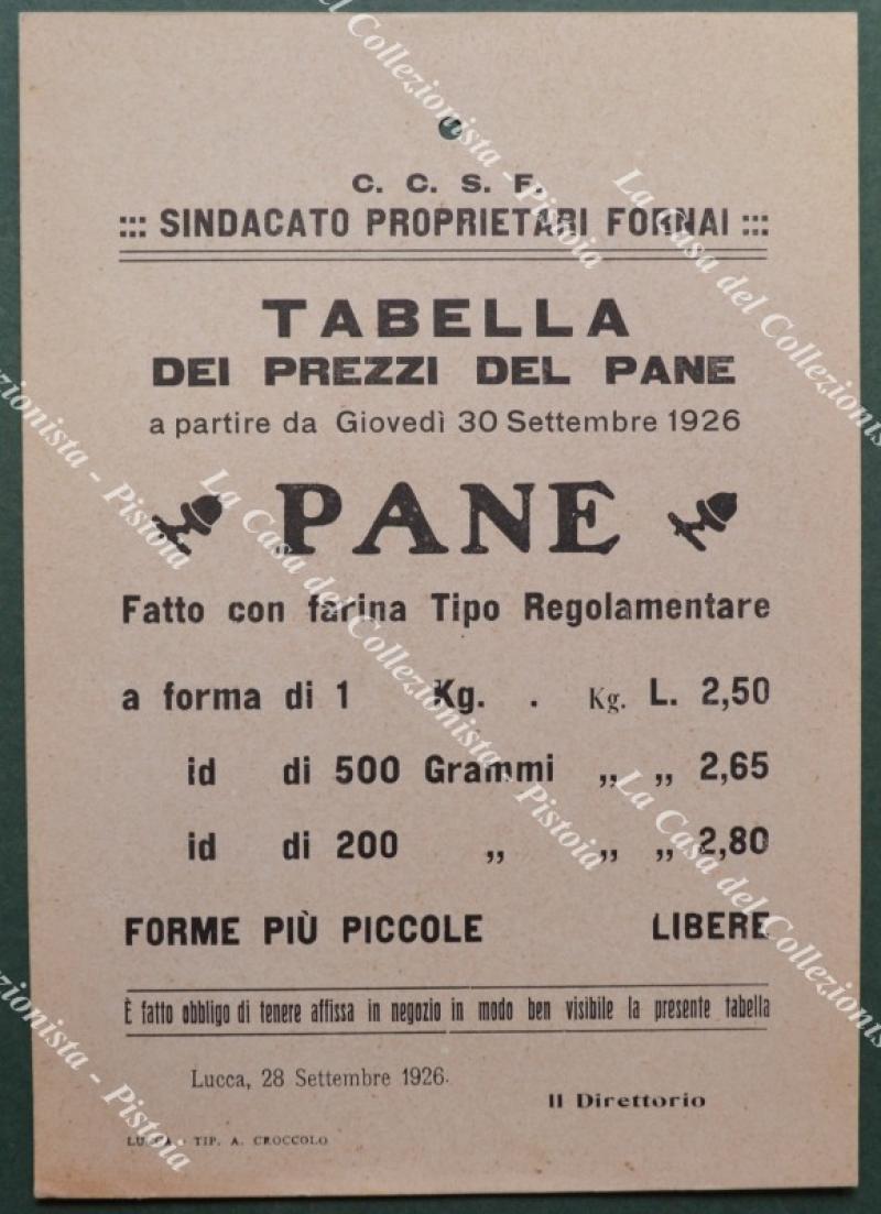 LUCCA. TABELLA DEI PREZZI DEL PANE anno 1926.