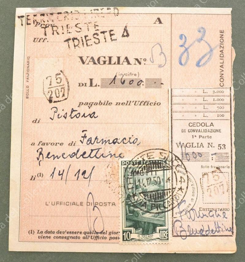 St. postale occupazioni colonie. TRIESTE ZONA A. Parte di vaglia
