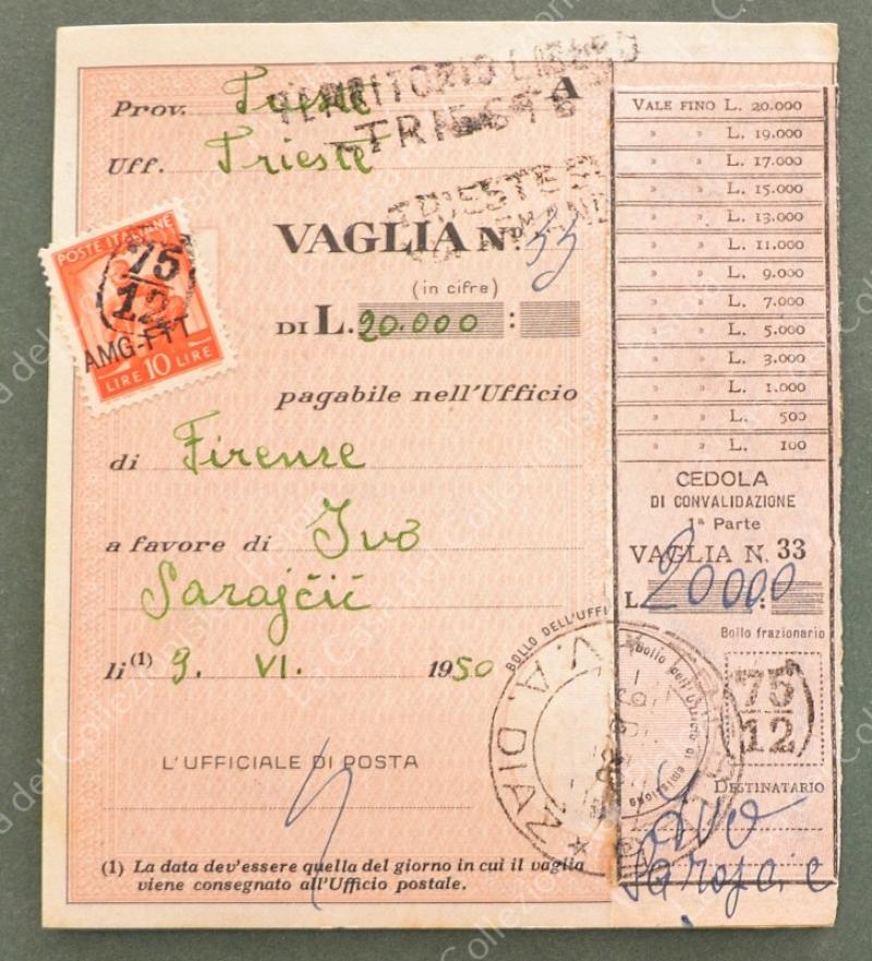St. postale occupazioni colonie. TRIESTE ZONA A. Parte di vaglia