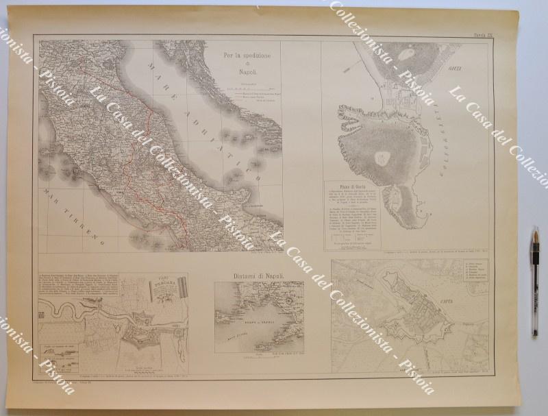 REGNO DI NAPOLI. "Per la spedizione di Napoli". Anno 1707. Grande carta tratta da "CAMPAGNE DEL PRINCIPE EUGENIO DI SAVOIA" opera stampata in Torino dalla tipografia L. Roux & Co. tra il 1889 e il 1902. L'opera si compone di 20 volumi di testo e di un atlante di grandi carte finemente incise in litografia
