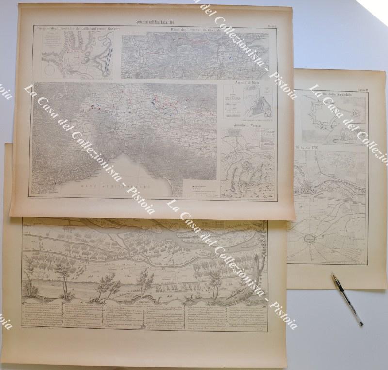 ALTA ITALIA. Operazioni militari del 1705 durante la guerra di successione spagnola. Tre grandi carte tratte da "CAMPAGNE DEL PRINCIPE EUGENIO DI SAVOIA" opera stampata in Torino dalla tipografia L. Roux & Co. tra il 1889 e il 1902. L'opera si compone di 20 volumi di testo e di un atlante di grandi carte finemente incise in litografia.