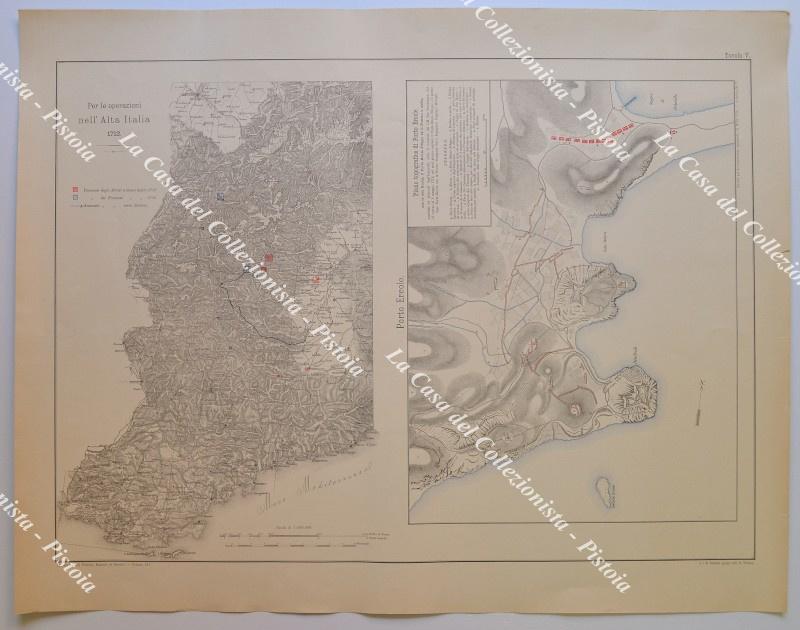 ALTA ITALIA. Operazioni del 1712 - Porto Ercole con piano topografico con la Rocca, il forte Monte Filippo e il fortino a stella. Tratta da "CAMPAGNE DEL PRINCIPE EUGENIO DI SAVOIA" opera stampata in Torino dalla tipografia L. Roux & Co. tra il 1889 e il 1902. L'opera si compone di 20 volumi di testo e di un atlante di grandi carte finemente incise in litografia.
