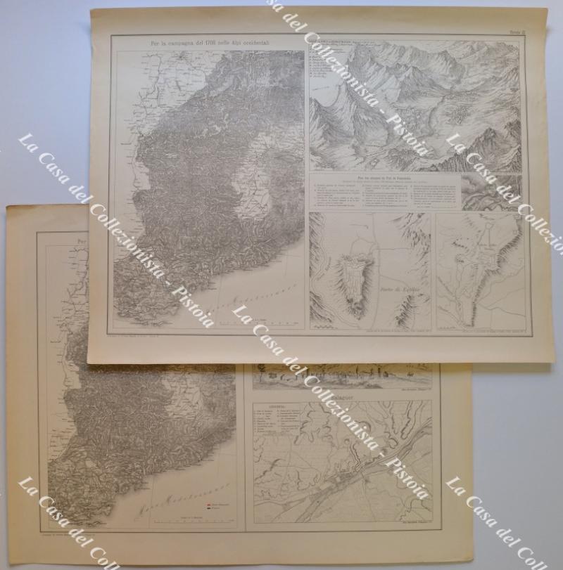 PIEMONTE - LIGURIA. Campagna del 1709 nelle Alpi Occidentali. 2 grandi carte tratte da "CAMPAGNE DEL PRINCIPE EUGENIO DI SAVOIA" opera stampata in Torino dalla tipografia L. Roux & Co. tra il 1889 e il 1902. L'opera si compone di 20 volumi di testo e di un atlante di grandi carte finemente incise in litografia.