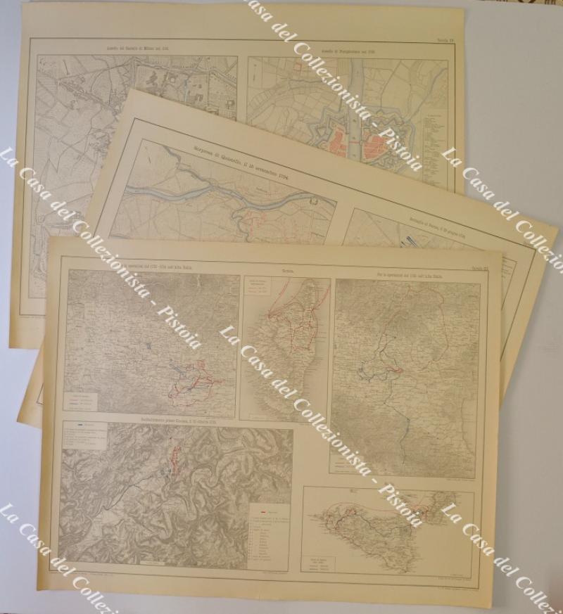 ITALIA. Insieme di 3 grandi tavole tratte da "CAMPAGNE DEL PRINCIPE EUGENIO DI SAVOIA" opera stampata in Torino dalla tipografia L. Roux & Co. tra il 1889 e il 1902. L'opera si compone di 20 volumi di testo e di un atlante di grandi carte finemente incise in litografia.