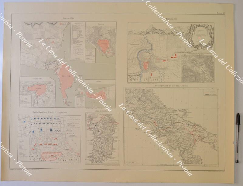 SICILIA - SARDEGNA - CAMPANIA. Grande tavola stampata a colori tratta da "CAMPAGNE DEL PRINCIPE EUGENIO DI SAVOIA" opera stampata in Torino dalla tipografia L. Roux & Co. tra il 1889 e il 1902. L'opera si compone di 20 volumi di testo e di un atlante di grandi carte finemente incise in litografia.