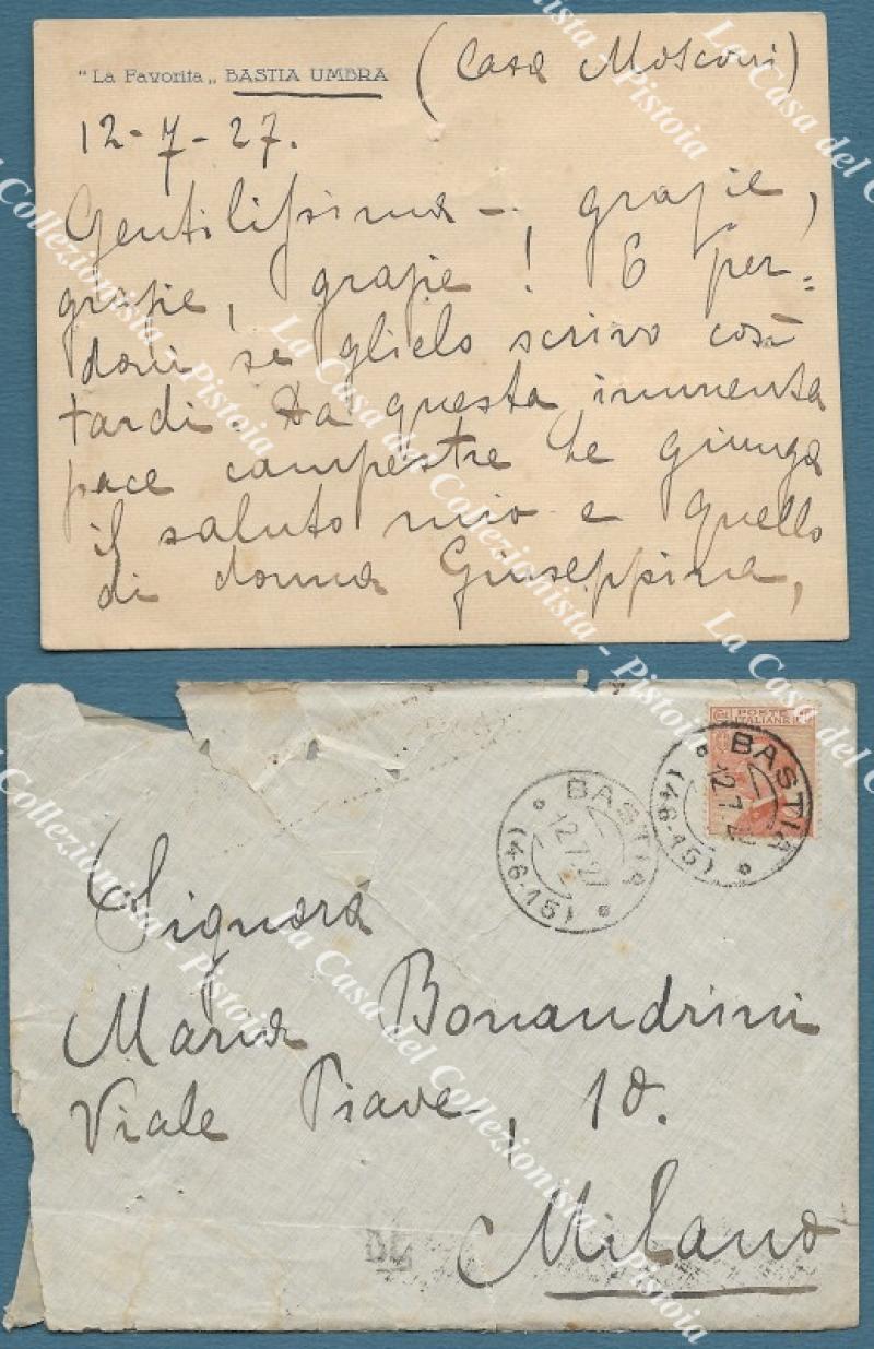 NEGRI ADA (Lodi 1870 - Milano 1945). Poetessa e scrittrice italiana. Biglietto del 12 luglio 1927 da Bastia in Umbria indirizzato a Maria Bonandrini di Milano.