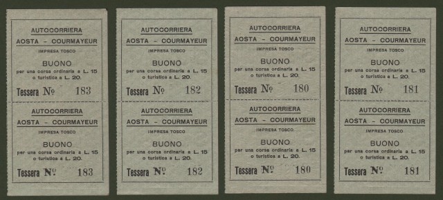 AUTOCORRIERA POSTA - COURMAYEUR. 4 tessere inizio anni '50.