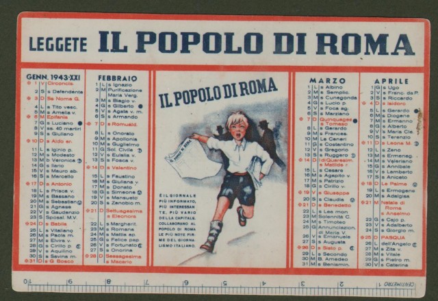 Calendarietto, anno 1943. Il Popolo di Roma.