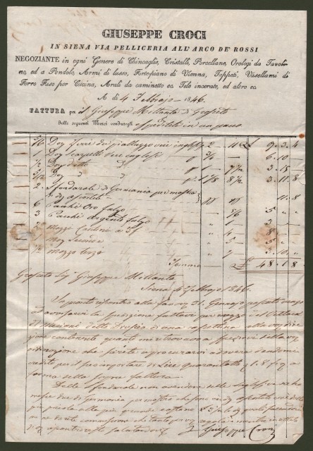SIENA. Vecchia fattura (anno 1846) negoziante GIUSEPPE CROCI.