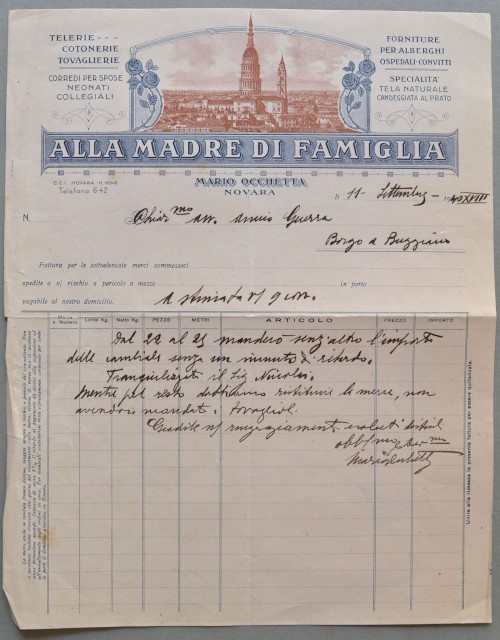 NOVARA. Vecchia fattura (anno 1940). TELERIE, COTONERIE, TOVAGLIERIE, MARIO OCCHETTA.