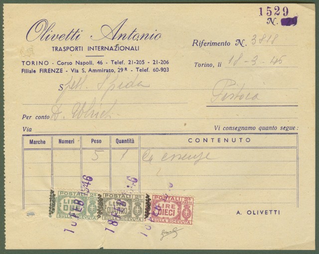 Luogotenenza. Bolletta di trasporto del 18.2.1946