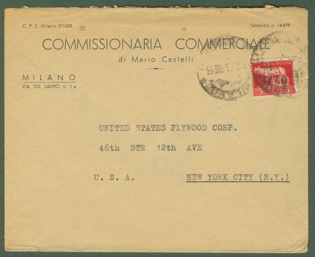 Luogotenenza. Lettera del 3.2.1946 da Milano per gli U.S.A..