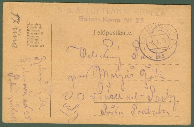AUSTRIA. PALLONE AEROSTATICO. 1'° guerra. K.U.K. LUFTFAHRTRUPPEN BALLON - KOMP Nr. 25