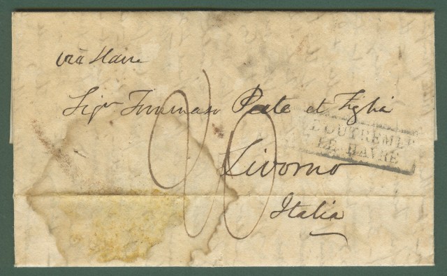 PREFILATELIA DA NEW YORK. Lettera del 7 Aprile 1838 per Livorno. Bollo in cartella nera apposto in transito a Le Havre.