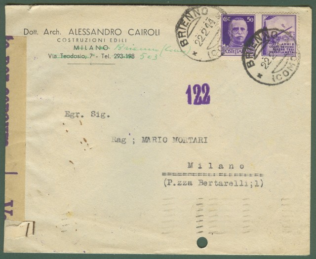 REPUBBLICA SOCIALE ITALIANA. Lettera del 22.2.1944 da Brienno (Como) per Milano.