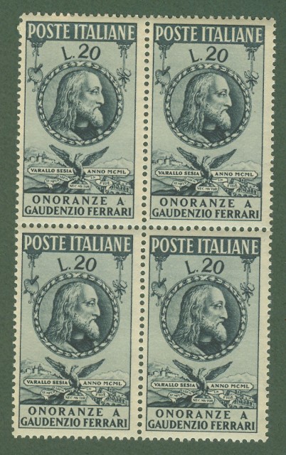 Repubblica. GAUDENZIO FERRARI. Anno 1950. Quartina lire 20 nuova, gomma integra, freschissima.