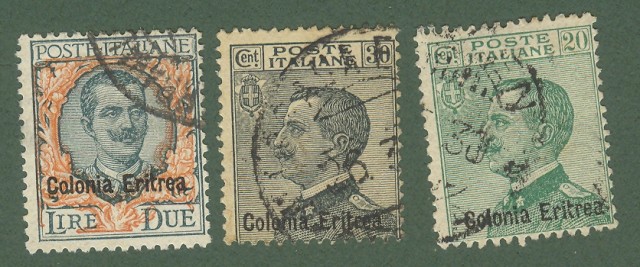 Colonie. ERITREA. Anno 1925. Catalogo Sassone serie 20. Tre valori usati