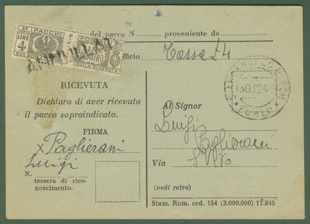 LUOGOTENENZA. AVVISO DI PACCO del 30.12.1944.