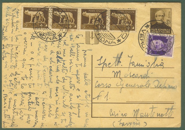 LUOGOTENENZA. CARTOLINA POSTALE da Legnago (Verona) a Verona il 18.10.1945.