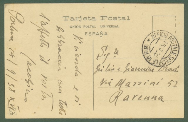 GUERRA DI SPAGNA. Cartolina illustrata del 15.9.1938 dall'UFFICIO POSTALE SPECIALE 10 P.M.
