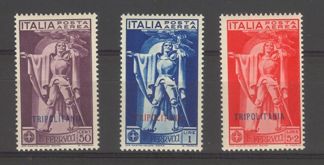 TRIPOLITANIA. Anno 1930. Ferrucci, tre valori di posta aerea, serie 24 completa