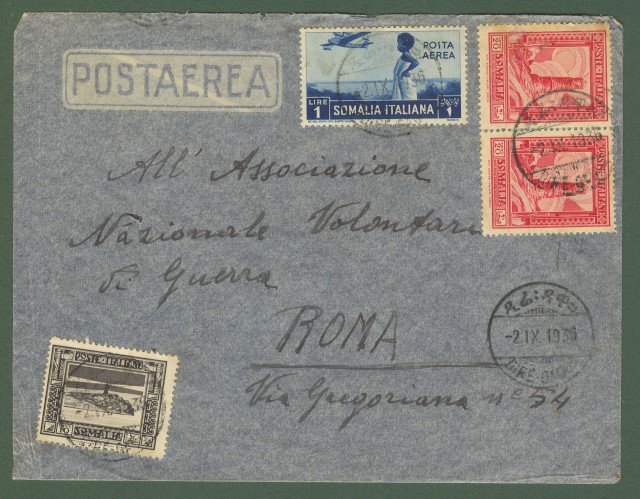 Colonie. SOMALIA ITALIANA. HURAR. Lettera aerea del 21.9.1936 da DIRE-DAOUA (annullo bilingue) a Roma. Affrancata con 2 pezzi cent. 20 carminio + cent. 10 grigio nero dentellati 14 della serie Pittorica 2'° emissione + lire 1 azzurro posta aerea.