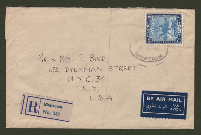 SUDAN. 1948. Registered letter for U.S.A..